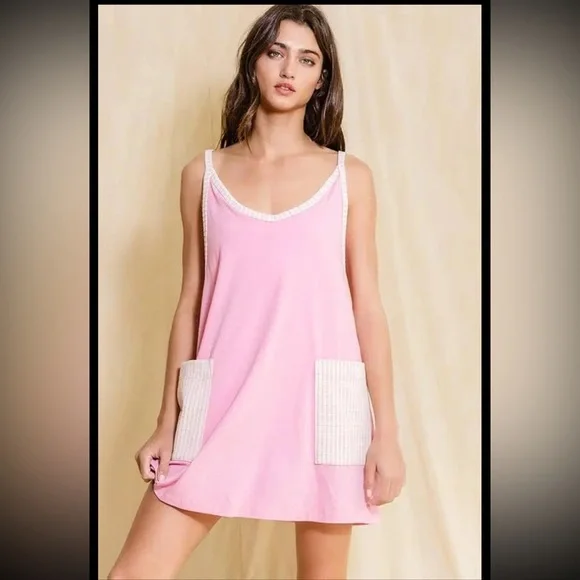 V-neck Mini Dress With Built In Romper Lining- Pink - Picture 4 of 7